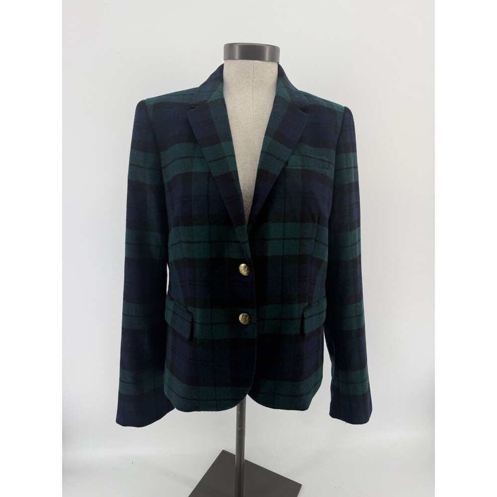 J.Crew Women’s Plaid Blazer Jacket Size 12 Wool Blend Green Tartan Gold Buttons - Picture 2 of 16